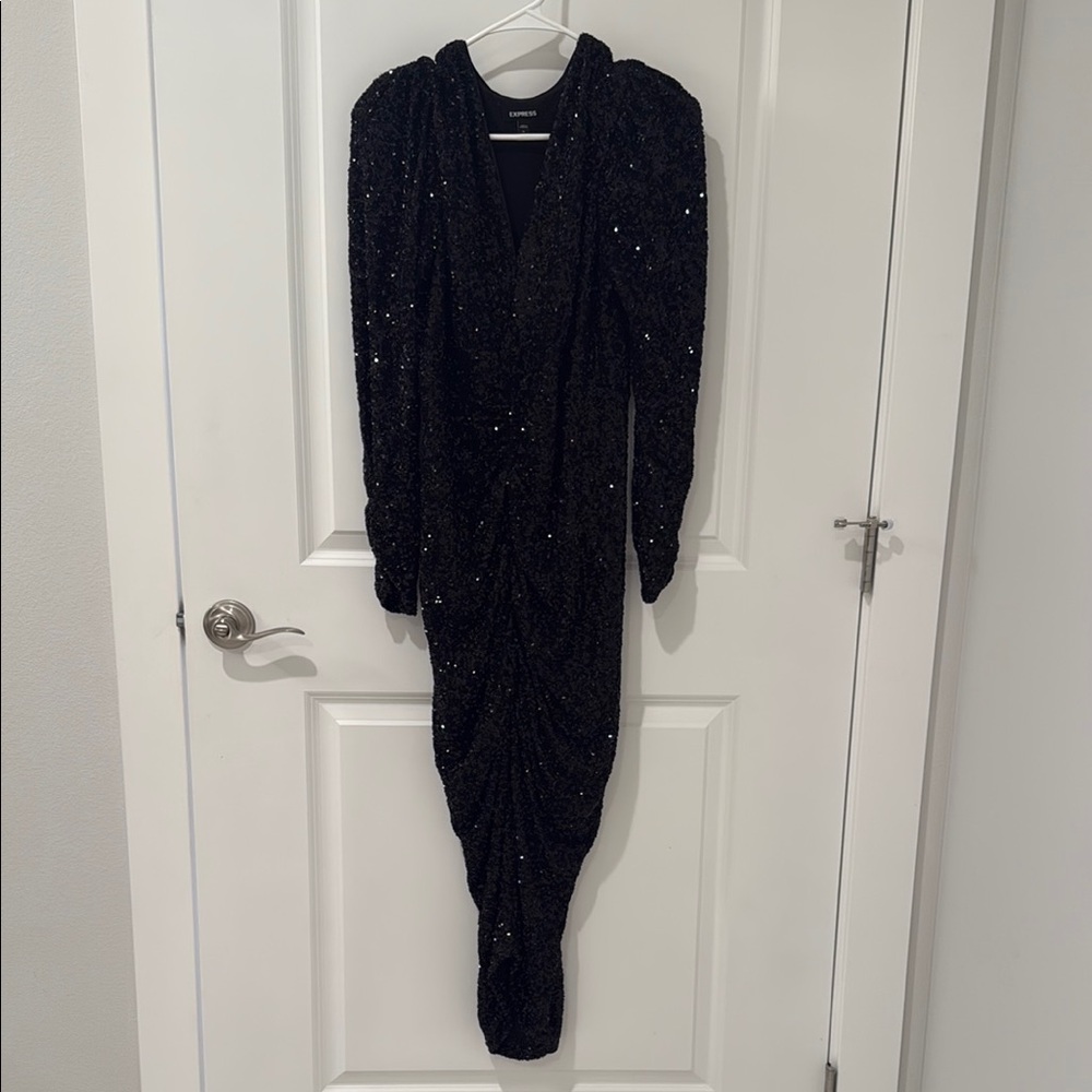 Express V-neck Ruched Long Sleeve Gown